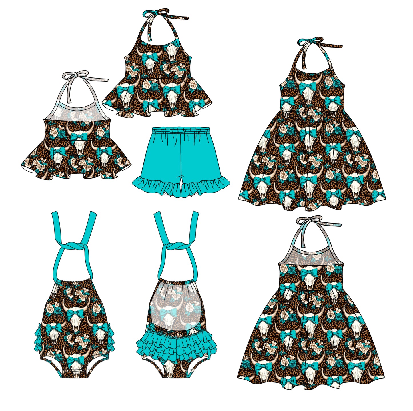 Preorder moq 5 Custom Baby Girls Strap Leopard Bull Skull Tunic Ruffle Short Set Knee Length Dress And Rompers