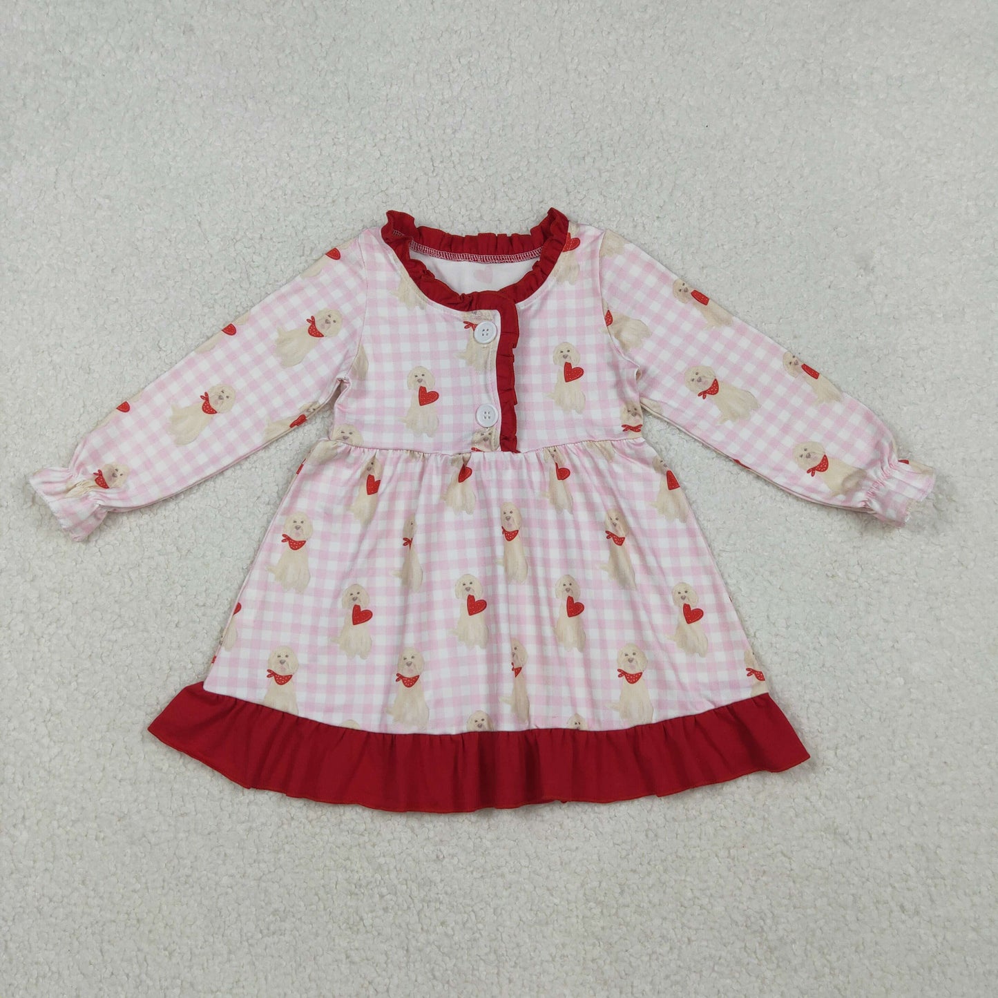 Baby Girls Pink Checked Dogs Hearts Button Ruffle Valentine Knee Length Dress