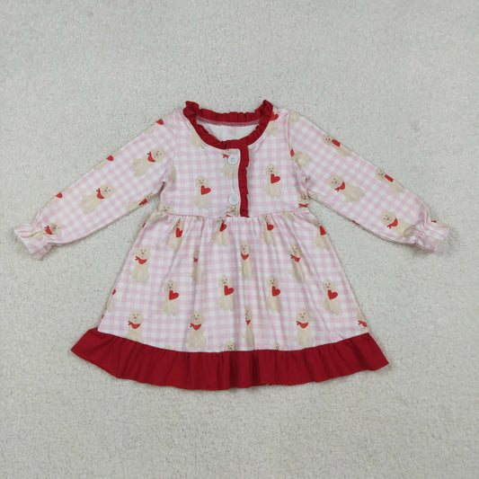 Baby Girls Pink Checked Dogs Hearts Button Ruffle Valentine Knee Length Dress