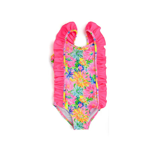 Baby Girls Pink Flowers Ruffle Straps One Piece Swimsuits Preorder(moq 5)