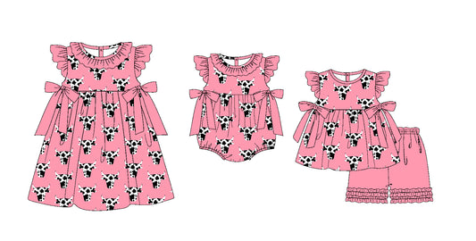 Preorder(moq 5 each)Sibling Baby Girls Farm Cows Pink Bows Romper Dress Shorts Sets