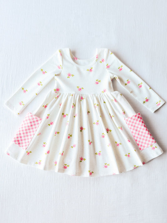 Baby Girls White Pink Flowers Pockets Long Sleeve Knee Length Dresses Preorder(moq 5)