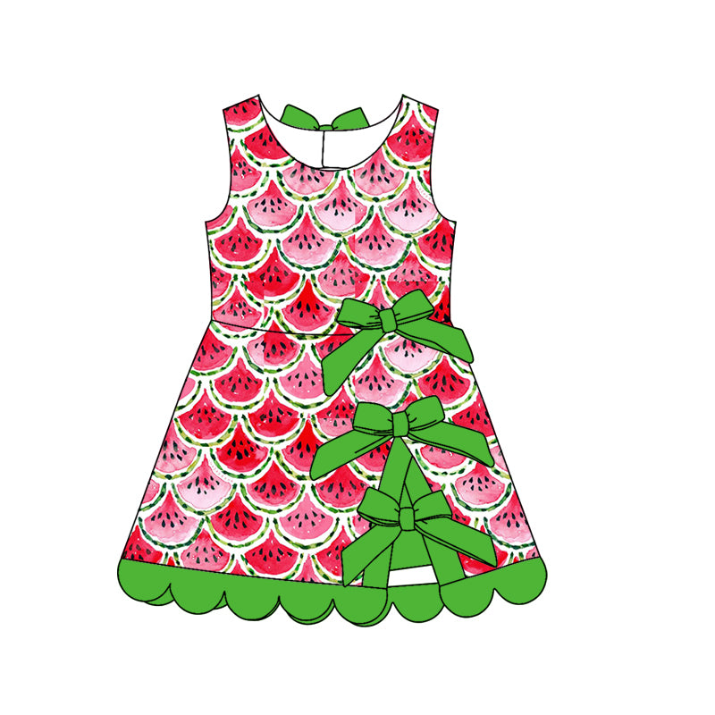 Preorder (moq 5)Baby Girls Watermelons Bows Short Scallop Knee Length Dresses
