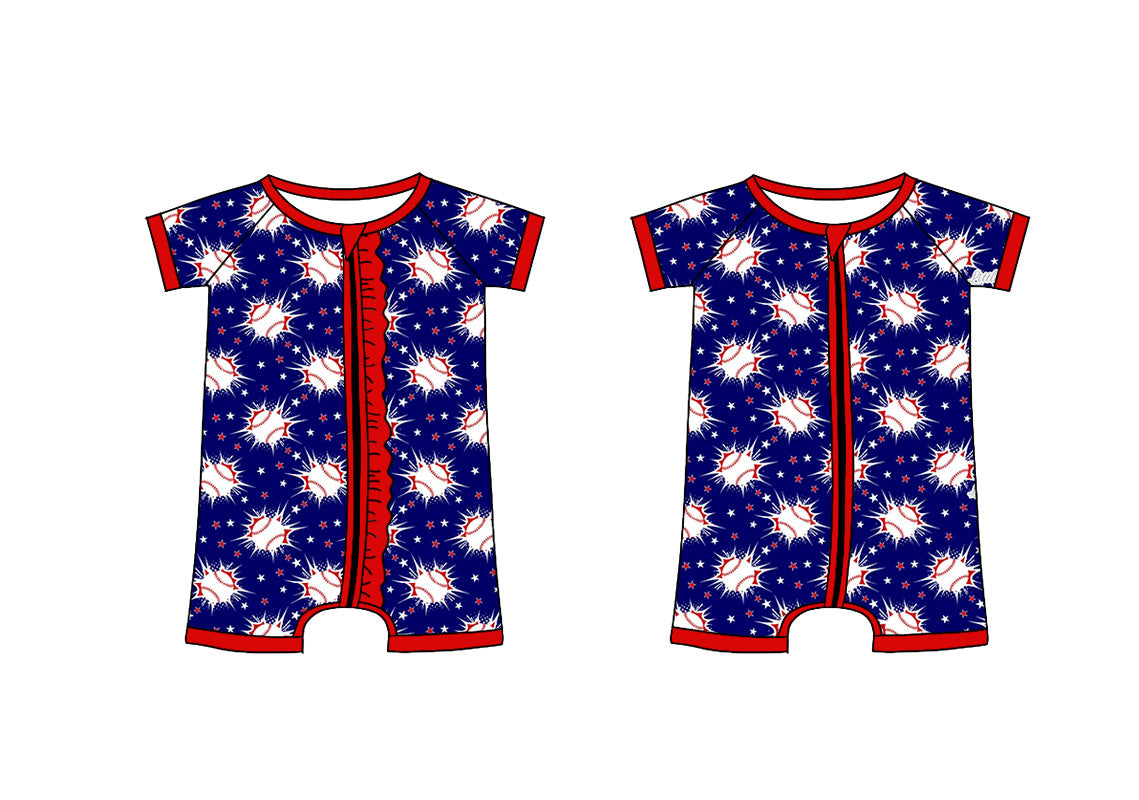 Preorder moq 5 Custom Baby Kids Hot Blue Short Sleeves Stars Footballs 4th Of July Zipper Rompers