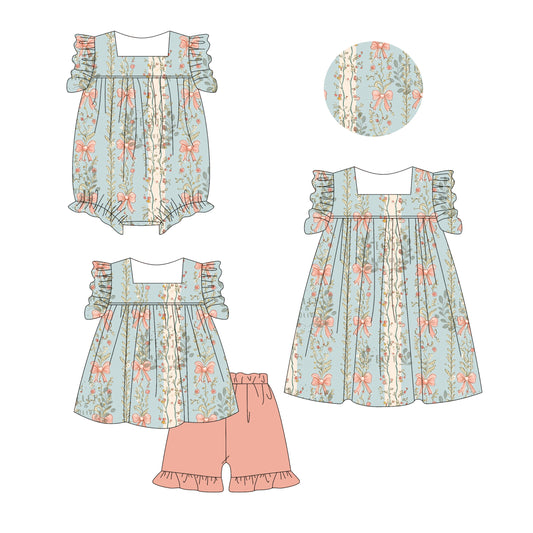 Preorder moq 5 Custom Baby Girls Flutter Sleeves Bows Stripe Tunic Ruffle Short Set Knee Length Dress And Rompers