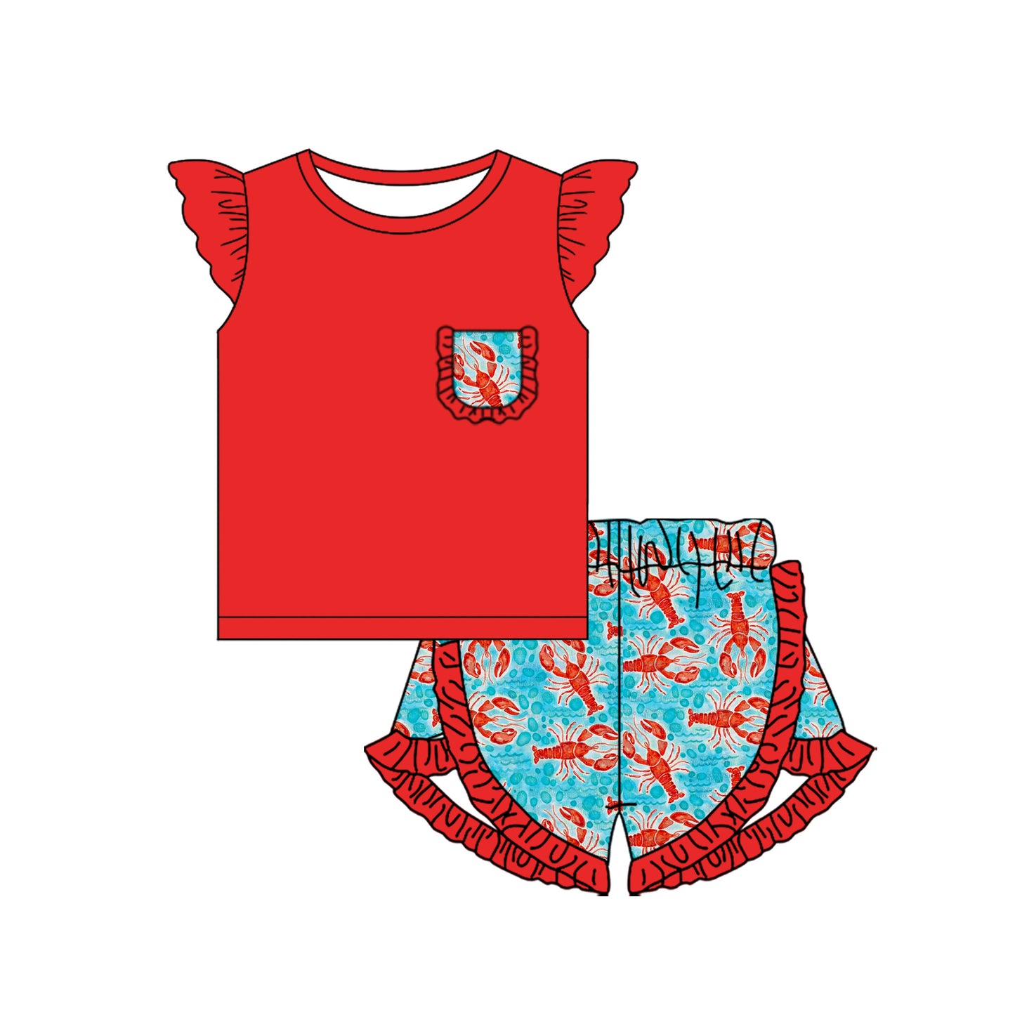 Preorder (moq 5)Baby Girls Red Pocket Shirt Ruffle Crawfish Shorts Clothes Sets
