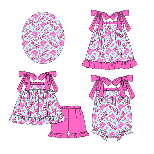 Preorder(moq 5 each)Sibling Baby Girls Pink Doll Tie Romper Dress Shorts Sets