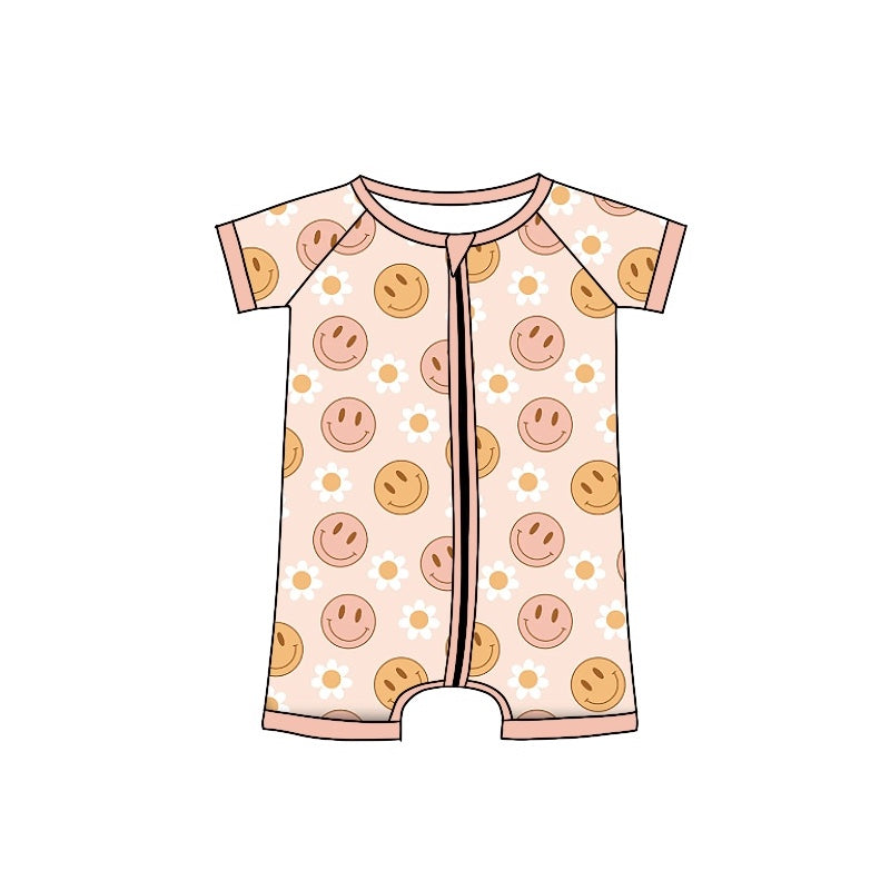 Baby Girls Smile Flowers Zip Short Sleeve Rompers preorder(moq 5)