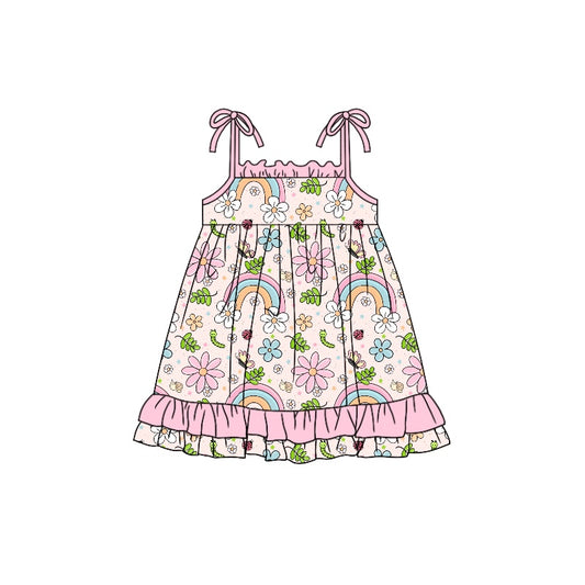 Baby Girls Pink Rainbow Flowers Straps Ruffle Knee Length Dresses Preorder(moq 5)
