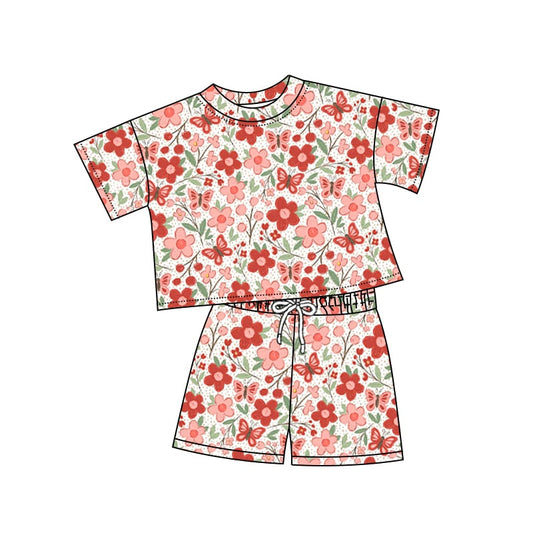 Preorder (moq 5)Baby Girls Red Flowers Short Sleeve Top Shorts Clothes Sets