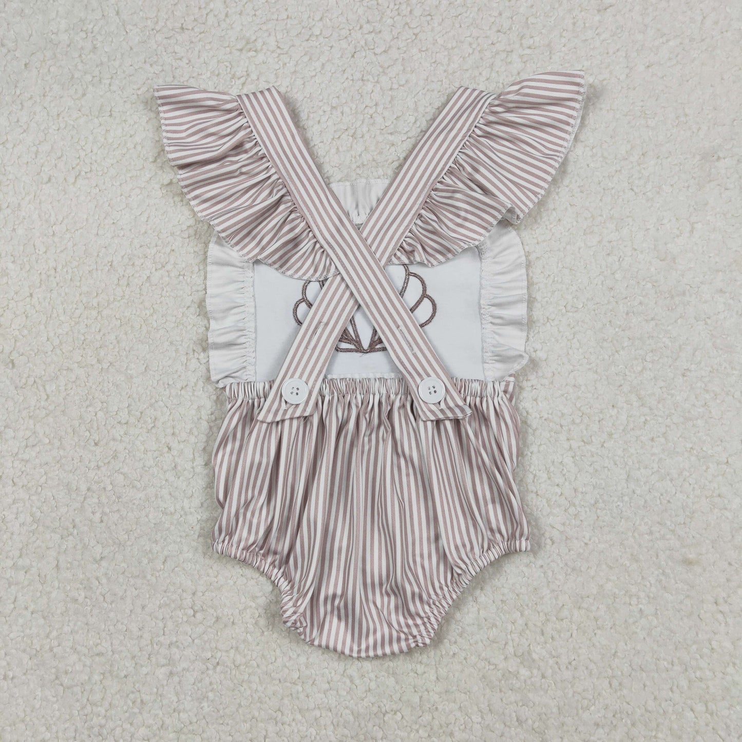 Embroidery Stripe Shells Baby Girls Flutter Sleeve Ruffle Rompers