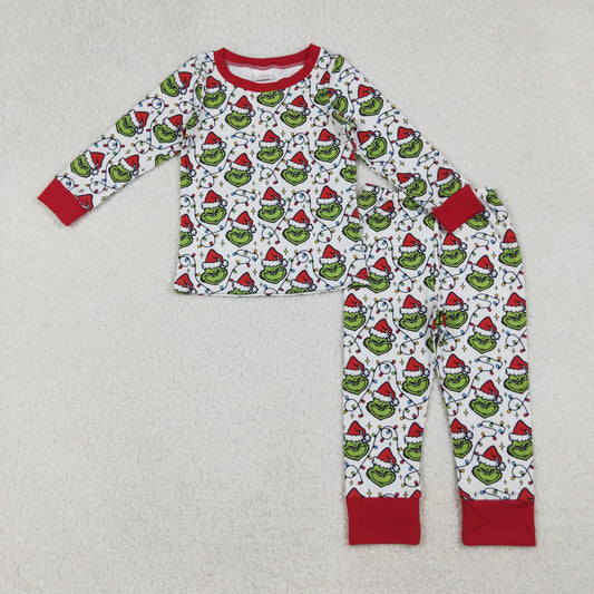 Sibling Baby Boys Green Faces Lights Christmas Pajamas Sets Zipper Footie Rompers