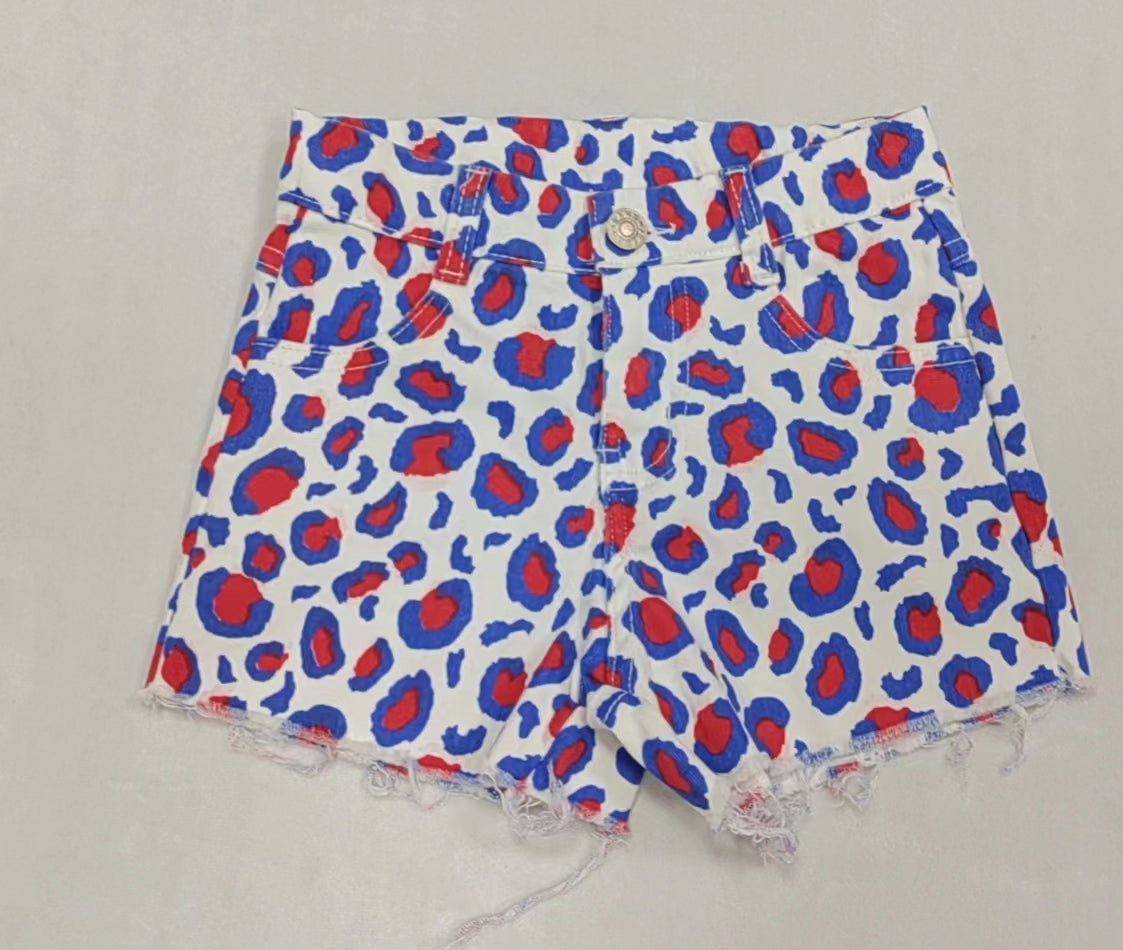 Baby Girls 4th Of July Red Blue Leopard Denim Shorts