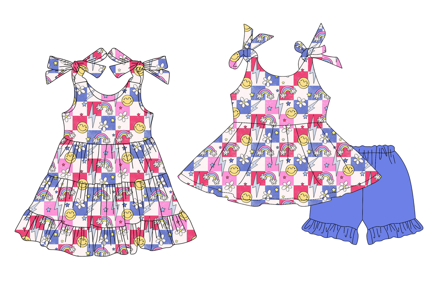 Preorder moq 5 Custom Baby Girls Strap Smiles Plaid Tunic Purple Ruffle Short Set Knee Length Dresses