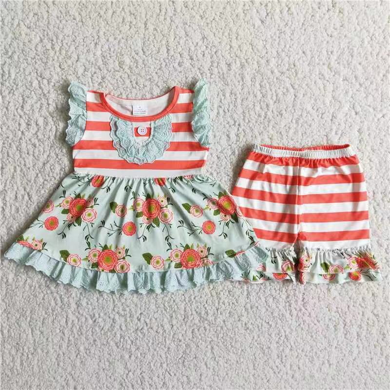 Baby Girls Orange Stripes Flowers Tunic Top Summer Ruffle Shorts Clothes Sets