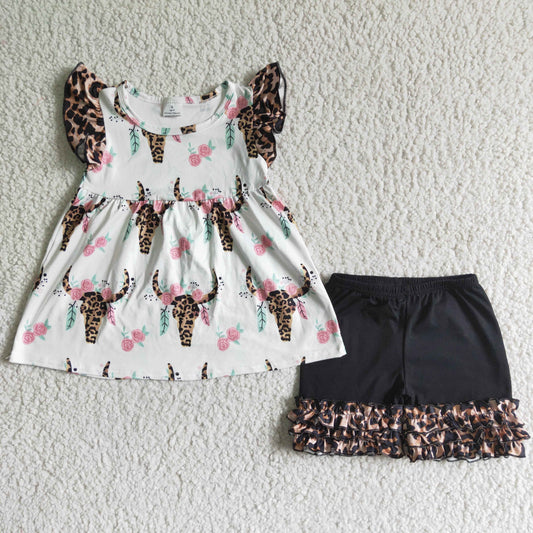 Baby Girls Flower Bull Skulls Tunic Ruffle Shorts Western Clothes Set
