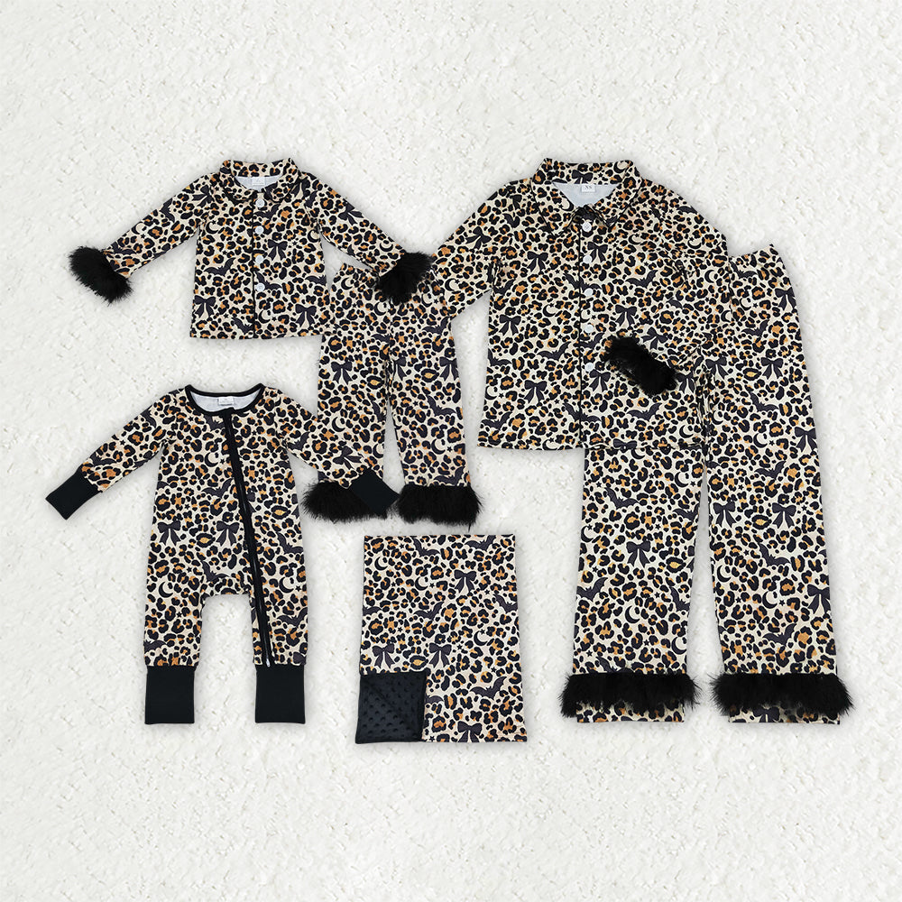 Family Sibling Mama and Girls Leopard Bats Halloween Fur Sleeves Pajamas Sets Zip Romper Blanked