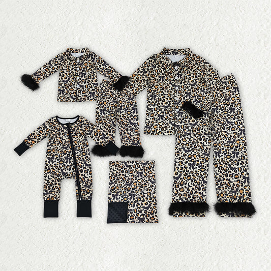 Family Sibling Mama and Girls Leopard Bats Halloween Fur Sleeves Pajamas Sets Zip Romper Blanked