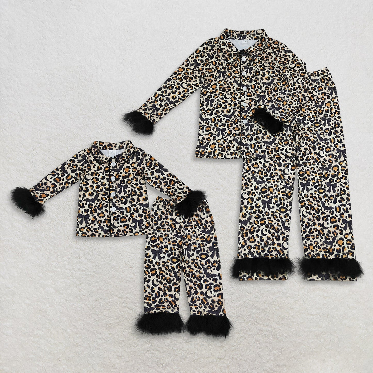 Mama and Me Bats Leopard Button Top Pants Halloween Fur Sleeves Pajamas Sets