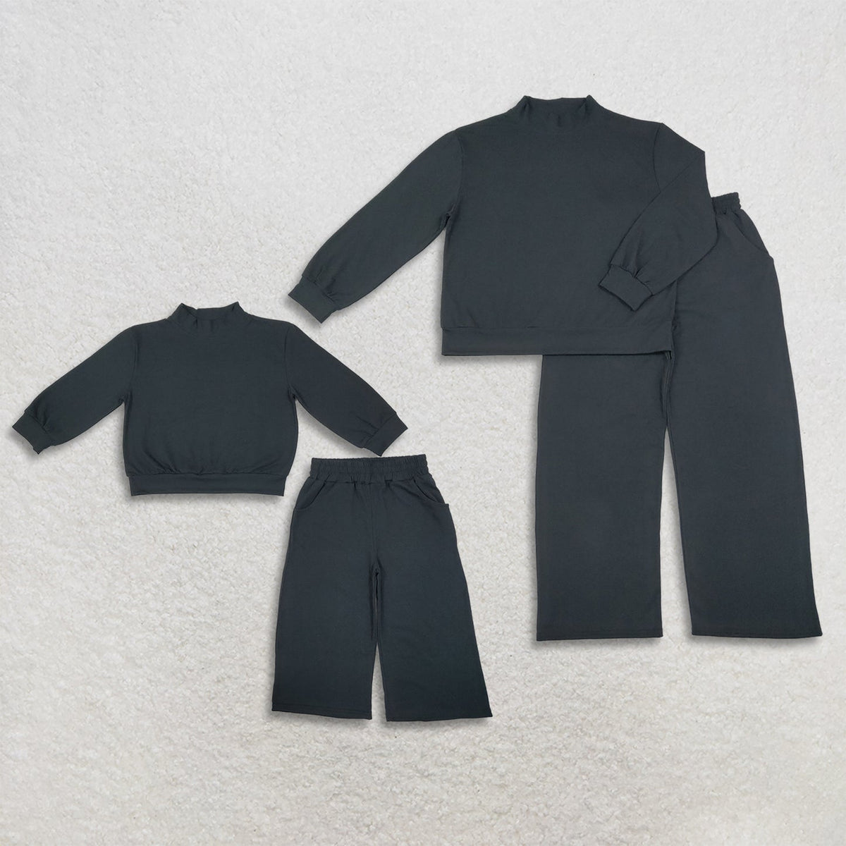 Mama and Me Girls Black Long Sleeves Choker Shirts Pockets Flare Pant Clothes Sets