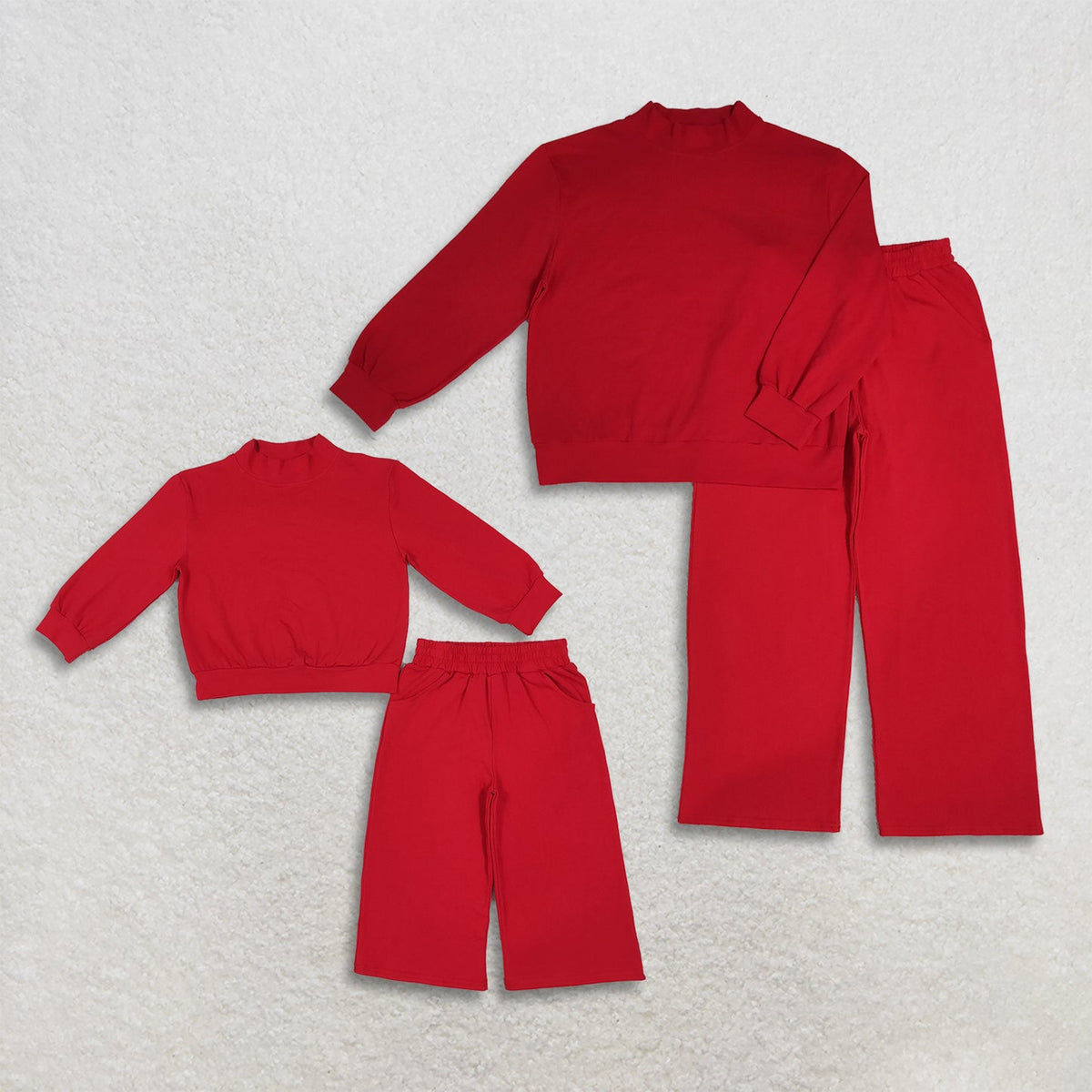 Mama and Me Girls Red Long Sleeves Choker Shirts Pockets Flare Pant Clothes Sets