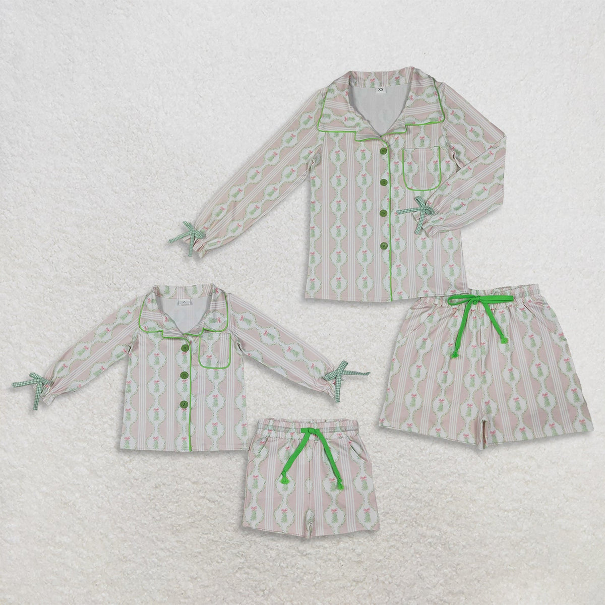 Mama and Me Girls Pink Bows Trees Button Pocket Long Sleeves Short Pajamas Sets