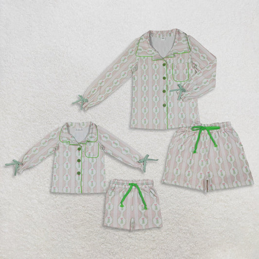 Mama and Me Girls Pink Bows Trees Button Pocket Long Sleeves Short Pajamas Sets