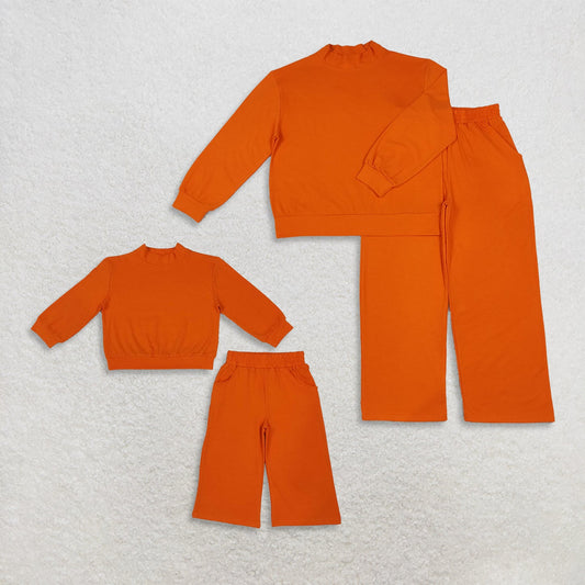 Mama and Me Girls Orange Long Sleeves Choker Shirts Pockets Flare Pant Clothes Sets
