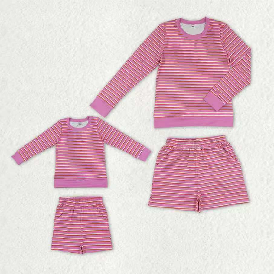 Mama and Me Girls Pink Stripe Long Sleeves Shirt Pockets Short Yoga Active Clothes Sets