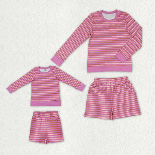 Mama and Me Girls Pink Stripe Long Sleeves Shirt Pockets Short Yoga Active Clothes Sets