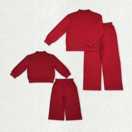 Mama and Me Girls Maroon Long Sleeves Choker Shirts Pockets Flare Pant Clothes Sets