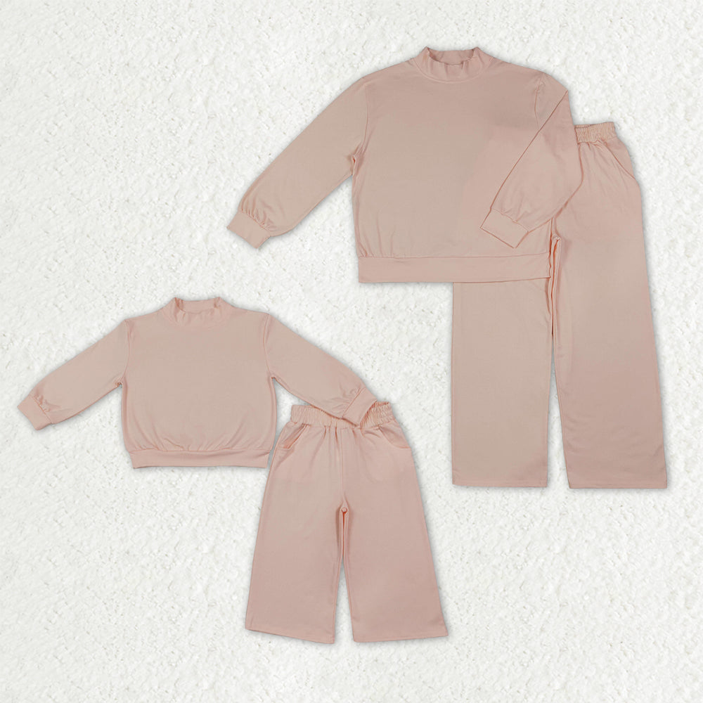 Mama and Me Girls Light Pink Long Sleeves Choker Shirts Pockets Flare Pant Clothes Sets