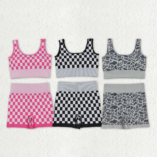Sibling Adult Women Camo Checkered Crop Bra Tops Shorts Outfits Sets