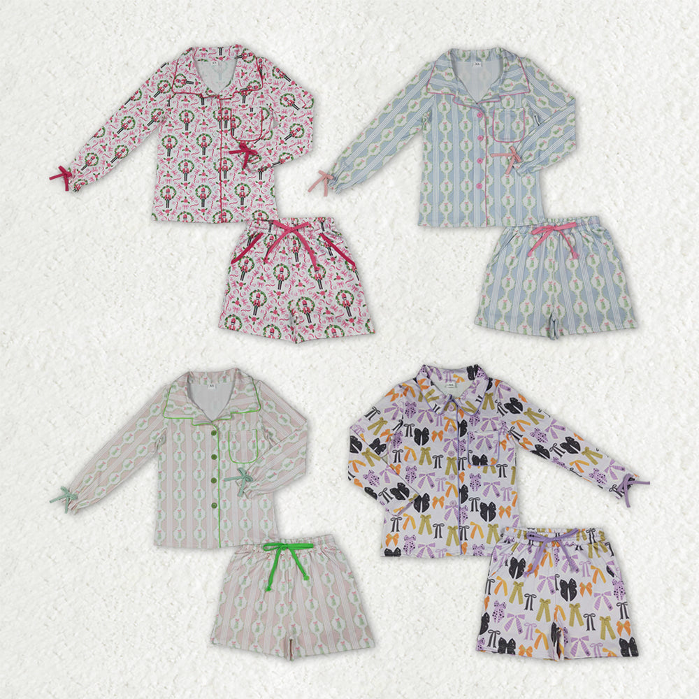 Sibling Adult Women Long Sleeve Trees Bows Button Pockets Short Christmas Halloween Pajamas Sets
