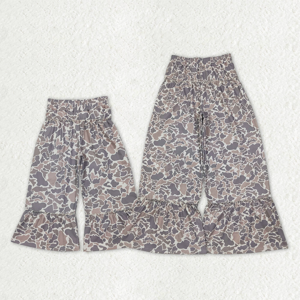 Mama and Me Girls Grey Khaki Camo Yoga Active Flare Ruffle Pants Bottom