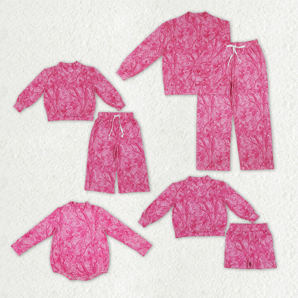 Mama and Me Sibling Pink Leaves Choker Tops Pants Shorts Clothes Sets Rompers