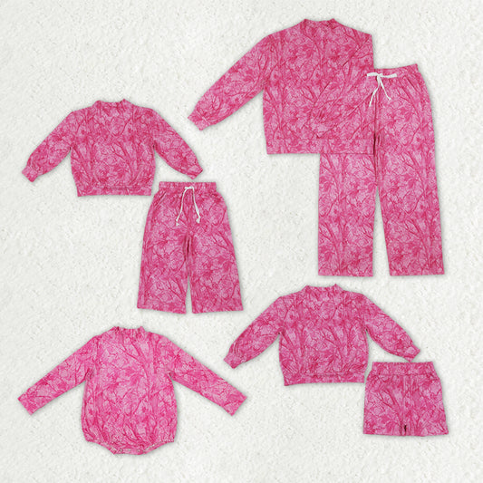 Mama and Me Sibling Pink Leaves Choker Tops Pants Shorts Clothes Sets Rompers