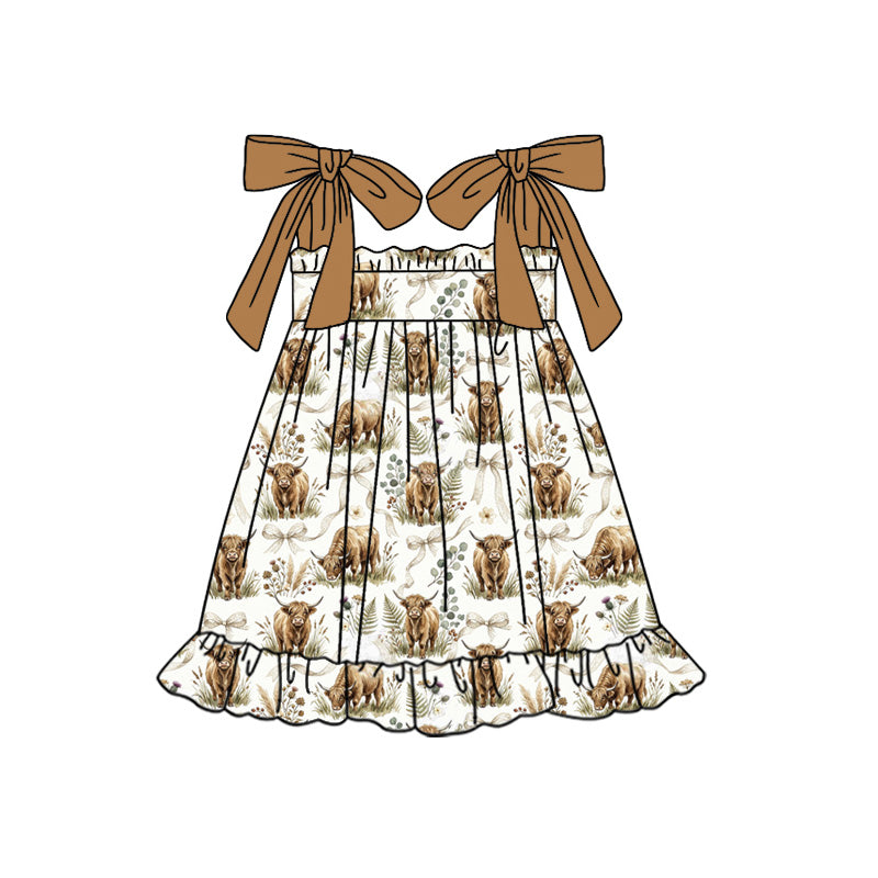 Preorder moq 5 Baby Girls Strap Bows Highland Cows Western Ruffle Knee Length Dresses