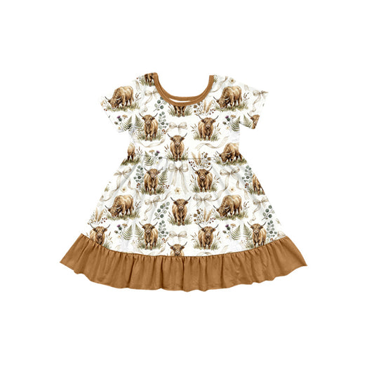 Preorder moq 5 Baby Girls Short Sleeve Highland Cows Western Ruffle Knee Length Dress