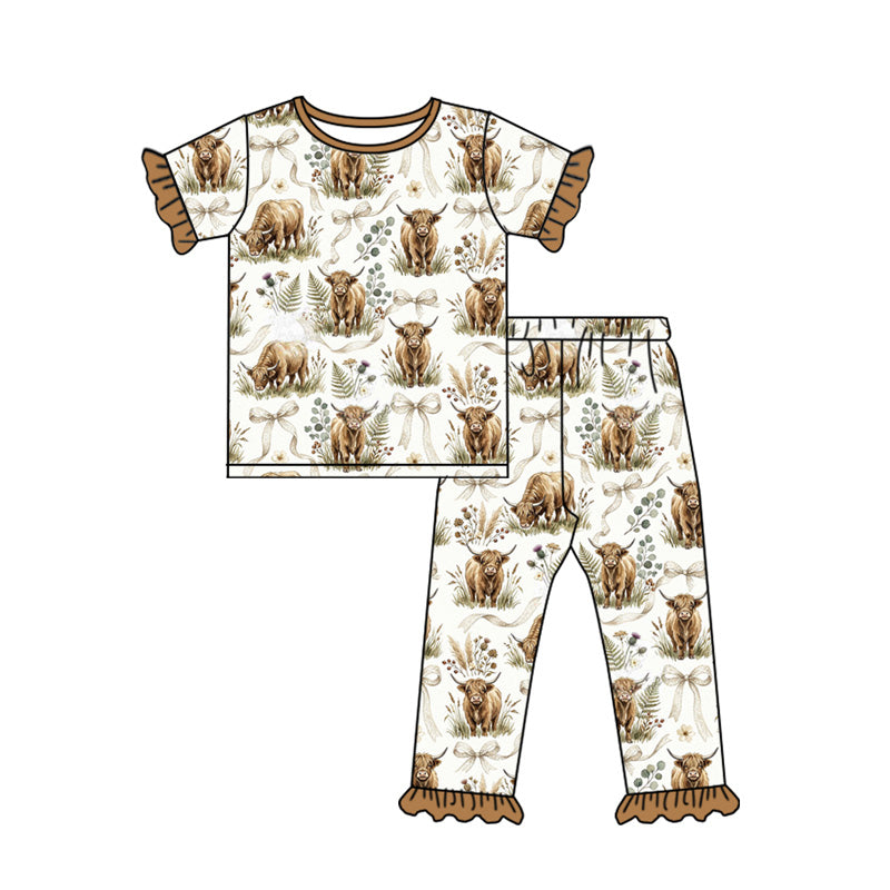 Preorder moq 5 Baby Girls Short Sleeve Highland Cow Top Ruffle Pant Western Pajamas Sets