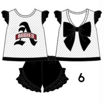 Preorder (moq 5)Baby Girls Aggies Back Bow Tunic Shorts Team Clothes Sets