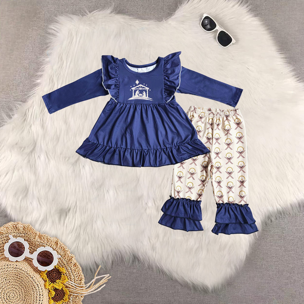 Sibling Girls Baby Girls Christmas Nativity Tunic Ruffle Pant Clothes Sets
