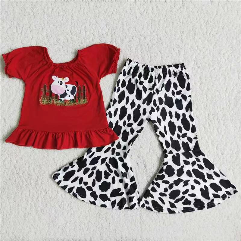 Baby Girls Red Farm Cow Bell Pants Clothing Sets