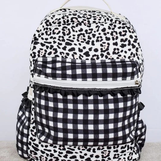 Baby Kids Girls Black Leopard Checkered Backpack Zip Back Bags Preorder
