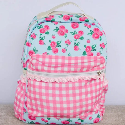 Baby Kids Girls Pink Flowers Checkered Backpack Zip Back Bags Preorder