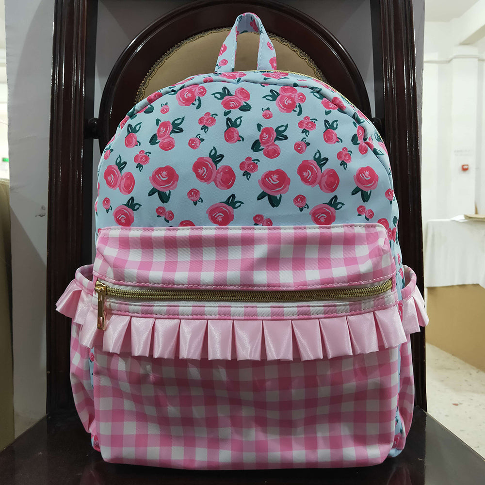 Baby Kids Girls Pink Flowers Checkered Backpack Zip Back Bags