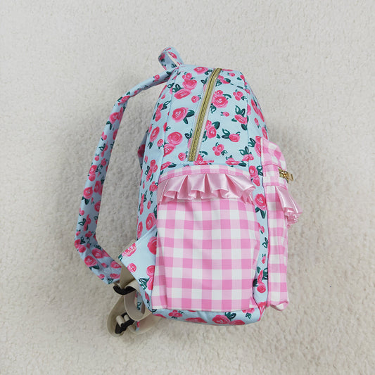 Baby Kids Girls Pink Flowers Checkered Backpack Zip Back Bags