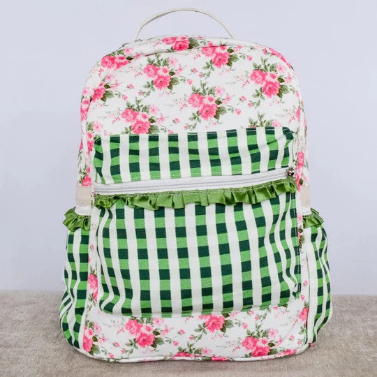 Baby Kids Girls Pink Flowers Checkered Backpack Zip Back Bags Preorder