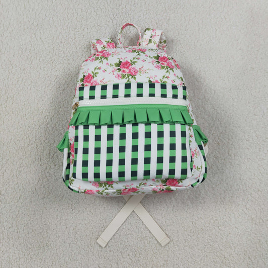 Baby Girls Green Checkered Flowers Backpack School Zip Bags