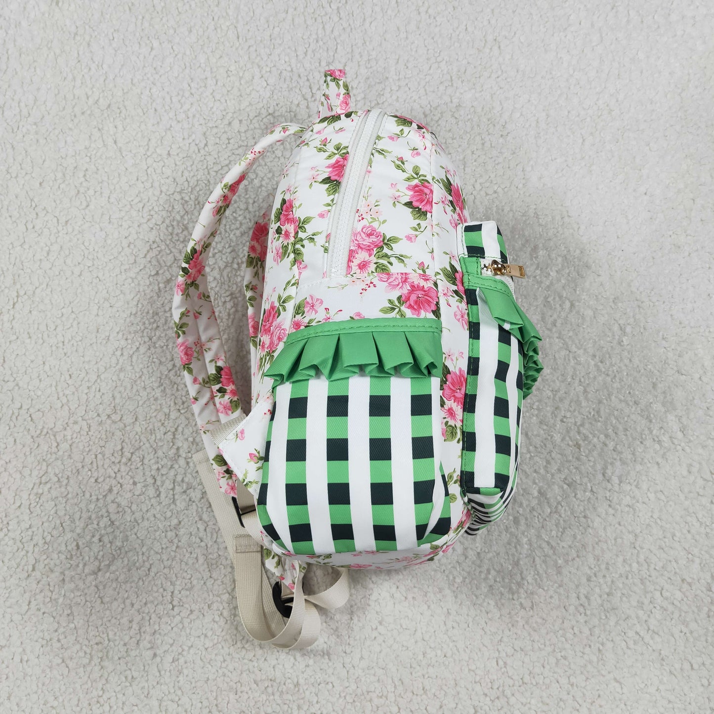 Baby Girls Green Checkered Flowers Backpack School Zip Bags